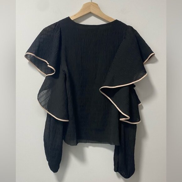Club Monaco Ruffle-Sleeve Long Sleeve Blouse Black with White Trim – Size XS - Picture 3 of 12